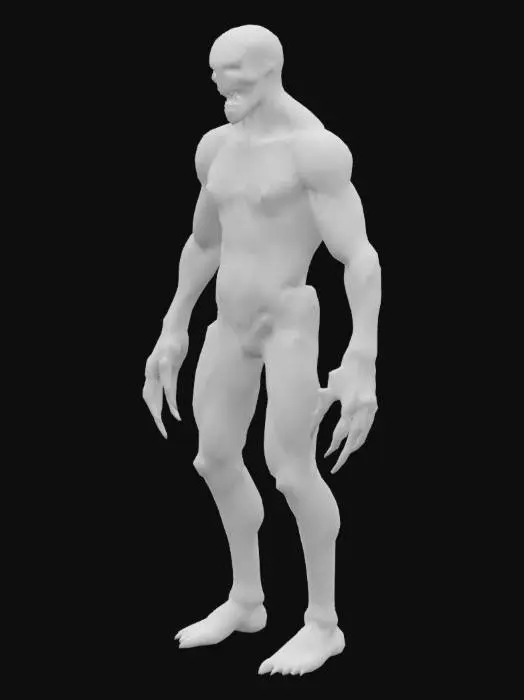 3D model for Тело монстра было составлено из обрывков тьмы и бледных, как лунный свет, лоскутов кожи, сшитых между собой невидимыми нитями. На груди зияла вертикальная щель, из которой иногда показывались тонкие, как паутина, пальцы, ощупывающие воздух. Его спина была покрыта множеством вмятин, будто кто-то пытался вылепить из этого существа что-то другое, но так и не закончил работу.