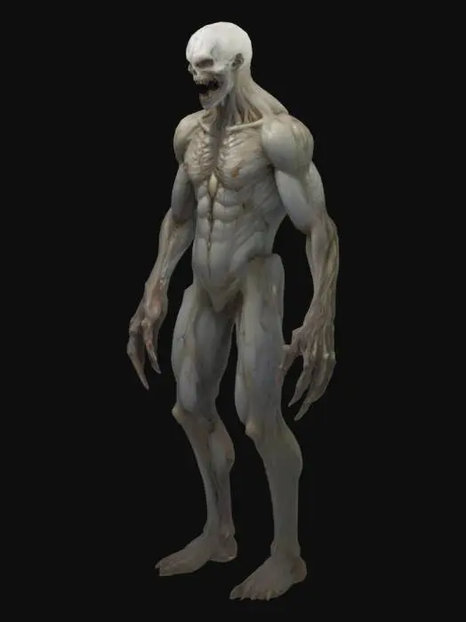 3D model for Тело монстра было составлено из обрывков тьмы и бледных, как лунный свет, лоскутов кожи, сшитых между собой невидимыми нитями. На груди зияла вертикальная щель, из которой иногда показывались тонкие, как паутина, пальцы, ощупывающие воздух. Его спина была покрыта множеством вмятин, будто кто-то пытался вылепить из этого существа что-то другое, но так и не закончил работу.