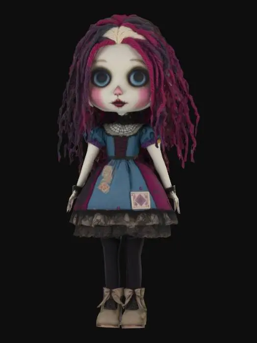 3D model for a gothic ,creepy Alice in wonderland inspired Ragdoll, highly detailed embroidery details and design clear stitches and threads . And dark colorful  yarn hair. Fantasy, Highly Detailed, Ultra Realistic, soft, Stylized, 