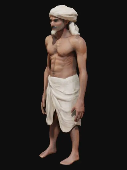 3D model for Skinny build Indian desi farmer with lean muscles, wearing a simple white dhoti and a wrapped cloth turban. Brown skin, defined cheekbones, and visible veins on arms. Mustache, rough hands, and barefoot. Traditional rural look, minimal clothing, realistic texture, no background.