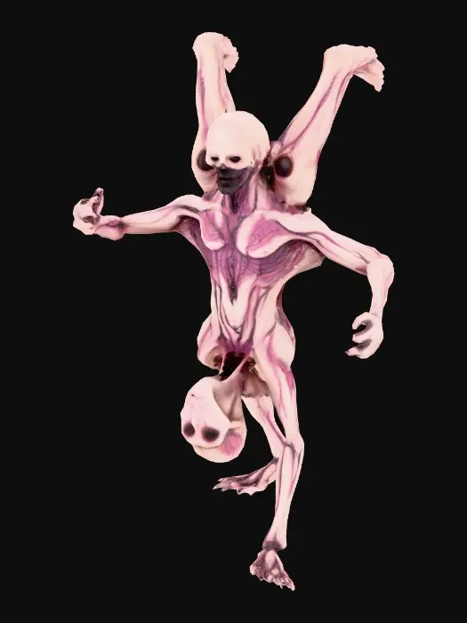 3D model for non-human horror entity, upside-down humanoid anatomy where the torso is inverted and the head grows from the abdomen, extremely long backward bending legs like a spider, multiple thin arms emerging from the ribcage pointing downward, no face on the head but a cluster of small blinking eyes scattered across the torso, mouth hidden inside the chest that opens vertically, asymmetrical skeletal structure, disturbing posture as if hanging in the air, elongated fingers dragging toward the ground, uncanny biological design, original creature concept, surreal nightmare aesthetic, full body centered, neutral pose for rigging, high detail 3D creature, dark experimental horror design