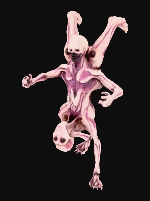 3D model for non-human horror entity, upside-down humanoid anatomy where the torso is inverted and the head grows from the abdomen, extremely long backward bending legs like a spider, multiple thin arms emerging from the ribcage pointing downward, no face on the head but a cluster of small blinking eyes scattered across the torso, mouth hidden inside the chest that opens vertically, asymmetrical skeletal structure, disturbing posture as if hanging in the air, elongated fingers dragging toward the ground, uncanny biological design, original creature concept, surreal nightmare aesthetic, full body centered, neutral pose for rigging, high detail 3D creature, dark experimental horror design
