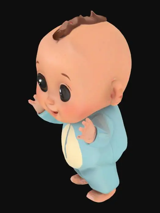 3D model for A cute, stylized 3D baby character in T-pose, wearing a simple onesie with cartoon proportions, expressive face, and playful smile. The baby should have a neutral and relaxed expression. The baby’s arms and legs should be extended to the sides to create the T-pose. The model should be simple and clean, suitable for rigging, with detailed features such as big eyes, rounded cheeks, and soft baby skin texture.