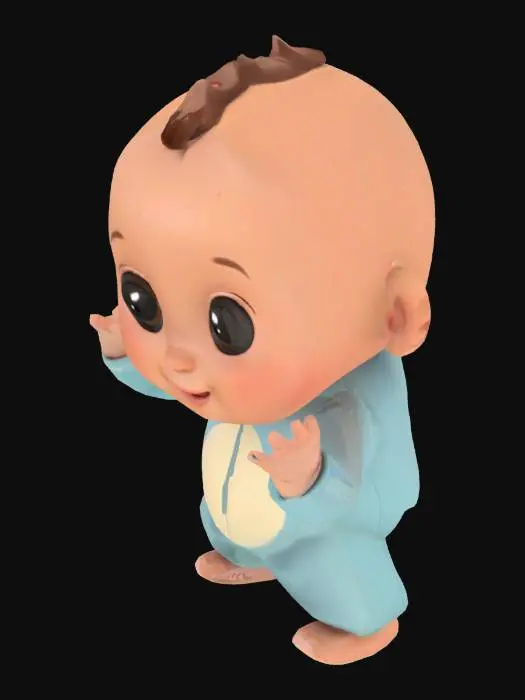 3D model for A cute, stylized 3D baby character in T-pose, wearing a simple onesie with cartoon proportions, expressive face, and playful smile. The baby should have a neutral and relaxed expression. The baby’s arms and legs should be extended to the sides to create the T-pose. The model should be simple and clean, suitable for rigging, with detailed features such as big eyes, rounded cheeks, and soft baby skin texture.