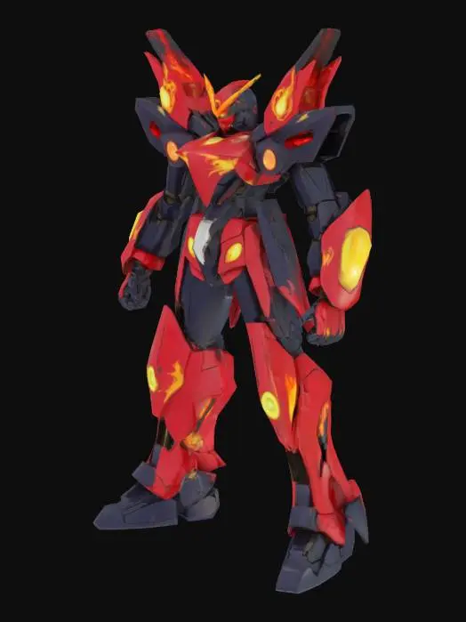 3D model for A colossal combining mecha fueled by raw willpower and Spiral Energy. Gurren Lagann unites the nimble Lagann (head unit) with the larger Gurren (torso), forming a red-and-black titan with glowing spiral emblems and blazing flame patterns. Its power scales infinitely with the pilot’s determination, evolving into godlike forms. It wields the Giga Drill Breaker, a massive energy drill capable of tearing through dimensions and destiny alike. Defying physics, logic, and despair, it exists as a symbol of rebellion, courage, and limitless potential. Not powered by engines, but by the soul itself, Gurren Lagann is more than a machine — it’s an unstoppable force, roaring against the heavens: “Go beyond the impossible and kick reason to the curb!”