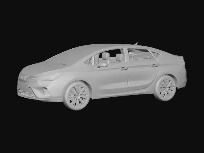 3D model for A realistic modern 4‑door everyday sedan with full detailed interior, including steering wheel, dashboard with instrument cluster, centre console, front and rear seats, and door panels; solid front windscreen glass only; all side windows are open cut‑out apertures (holes) with visible window frames and B‑pillars, no side glass; exterior is clean production hard‑surface body panels with door seams; photorealistic, highly detailed.