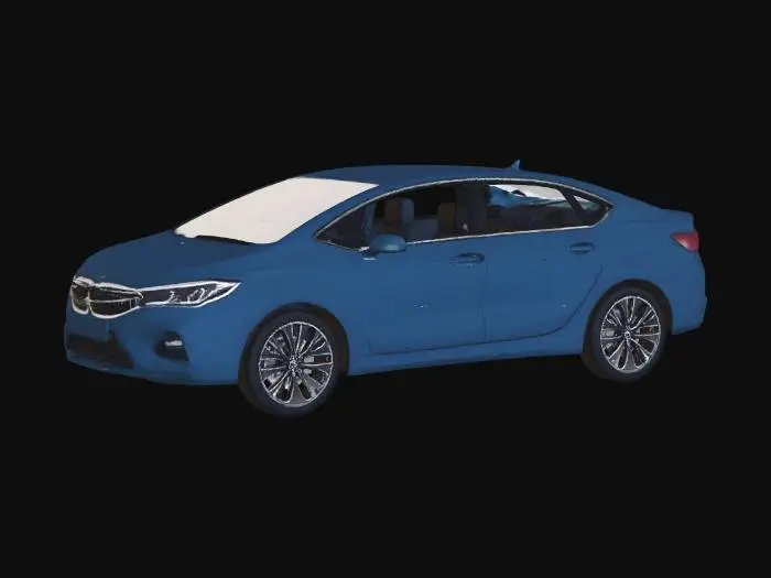 3D model for A realistic modern 4‑door everyday sedan with full detailed interior, including steering wheel, dashboard with instrument cluster, centre console, front and rear seats, and door panels; solid front windscreen glass only; all side windows are open cut‑out apertures (holes) with visible window frames and B‑pillars, no side glass; exterior is clean production hard‑surface body panels with door seams; photorealistic, highly detailed.