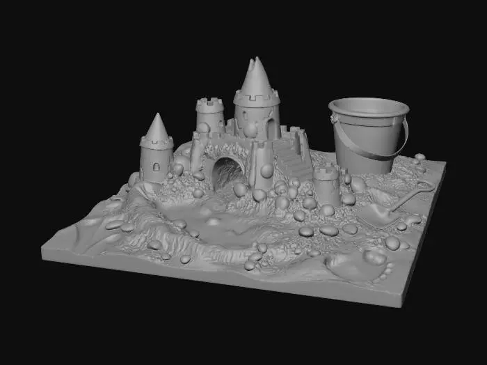 3D model for Generated an ultra-detailed, photorealistic beach scene featuring a handcrafted sandcastle, a blue plastic bucket, and a green shovel, with realistic wet sand and seashells. Suggestion: For better 3D results, ensure clear boundaries around the main subject and consistent lighting across all angles.