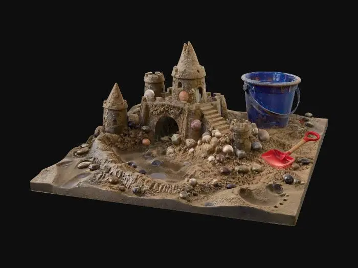 3D model for Generated an ultra-detailed, photorealistic beach scene featuring a handcrafted sandcastle, a blue plastic bucket, and a green shovel, with realistic wet sand and seashells. Suggestion: For better 3D results, ensure clear boundaries around the main subject and consistent lighting across all angles.