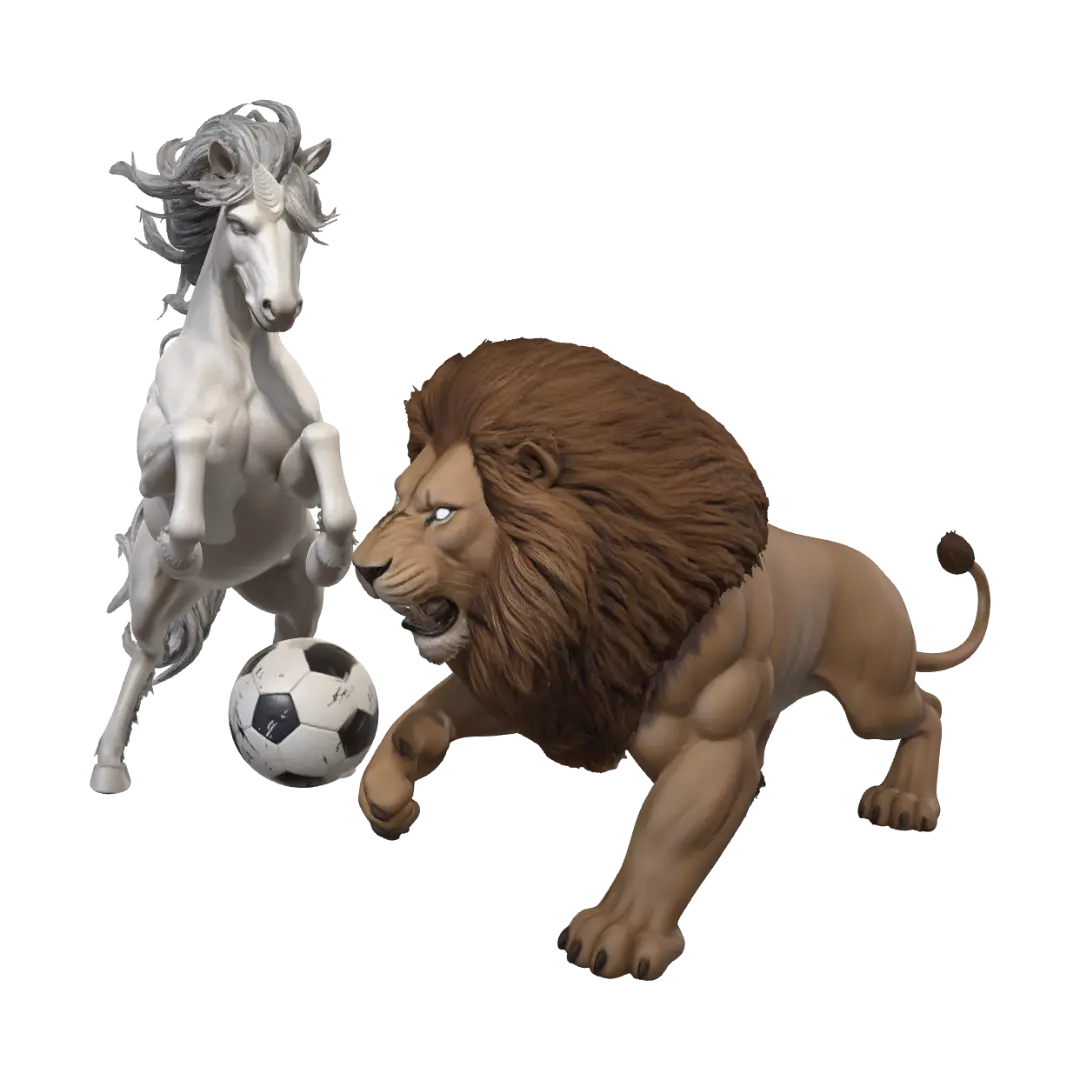Desert Standoff: Unicorn and Lion 3D model, vytvořený pomocí AI