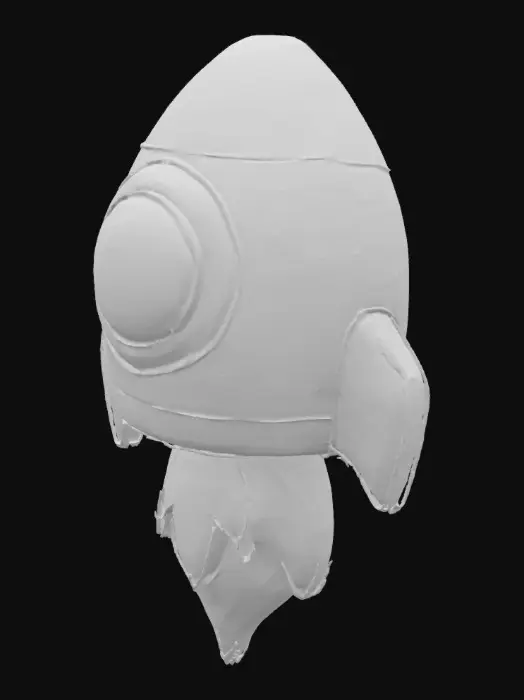 3D model for A small, cute cartoon-style rocket ship with smooth, rounded features. Designed as a 3D model with a completely flat backside for easy wall mounting. The front is detailed and dimensional, while the back remains flush to adhere to vertical surfaces. Perfect for decorative use in playful or themed wall displays