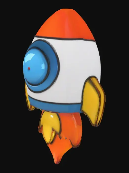 3D model for A small, cute cartoon-style rocket ship with smooth, rounded features. Designed as a 3D model with a completely flat backside for easy wall mounting. The front is detailed and dimensional, while the back remains flush to adhere to vertical surfaces. Perfect for decorative use in playful or themed wall displays