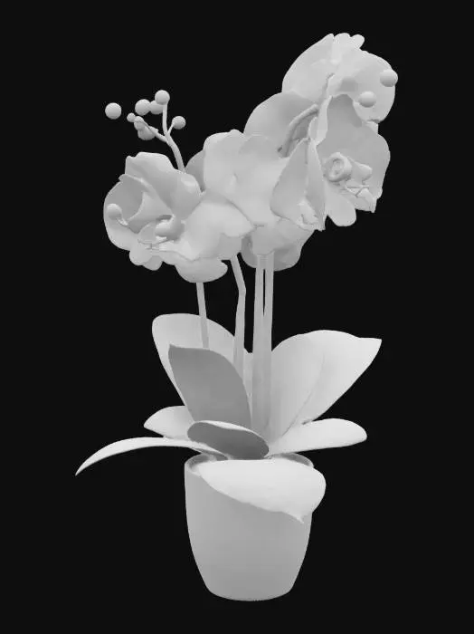 3D model for orquideas azul brillante en una maceta color blanco, arriba de una mesa de madera de caoba, con una taza de cafe sobre la mesa y una bola de cristal de bruja