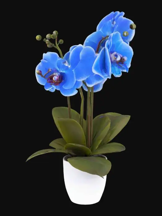 3D model for orquideas azul brillante en una maceta color blanco, arriba de una mesa de madera de caoba, con una taza de cafe sobre la mesa y una bola de cristal de bruja