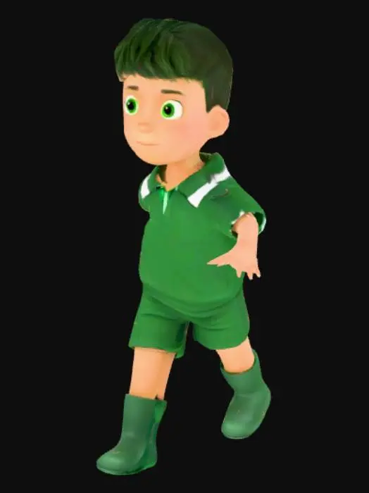 3D model for A boy, wearing school uniform, top - green with stripes, bottom, plain green. T- pose 