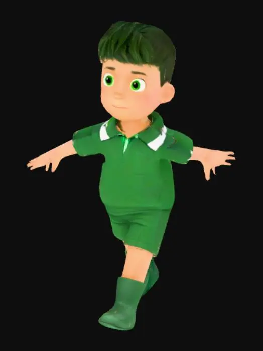 3D model for A boy, wearing school uniform, top - green with stripes, bottom, plain green. T- pose 