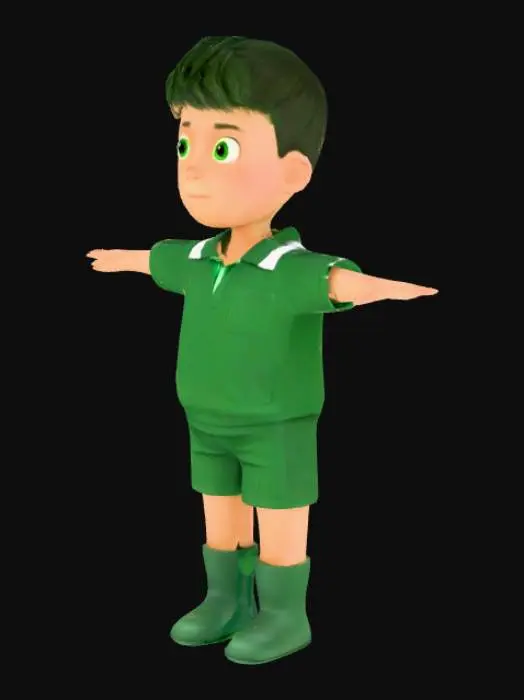 3D model for A boy, wearing school uniform, top - green with stripes, bottom, plain green. T- pose 