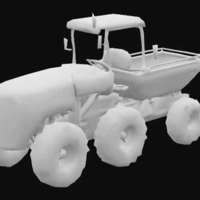 3D model for Tomato planting machine: four planter funnel that receive mature nursed tomato, dip into the soil and open -release. Attached hydraulically to an electric -driven 4-wheel mini tractor with the dimensions 750mm width, 1200mm length and 75mm height. The four wheel hydraulic can be adjusted to the height of 900mm. Fully electric.