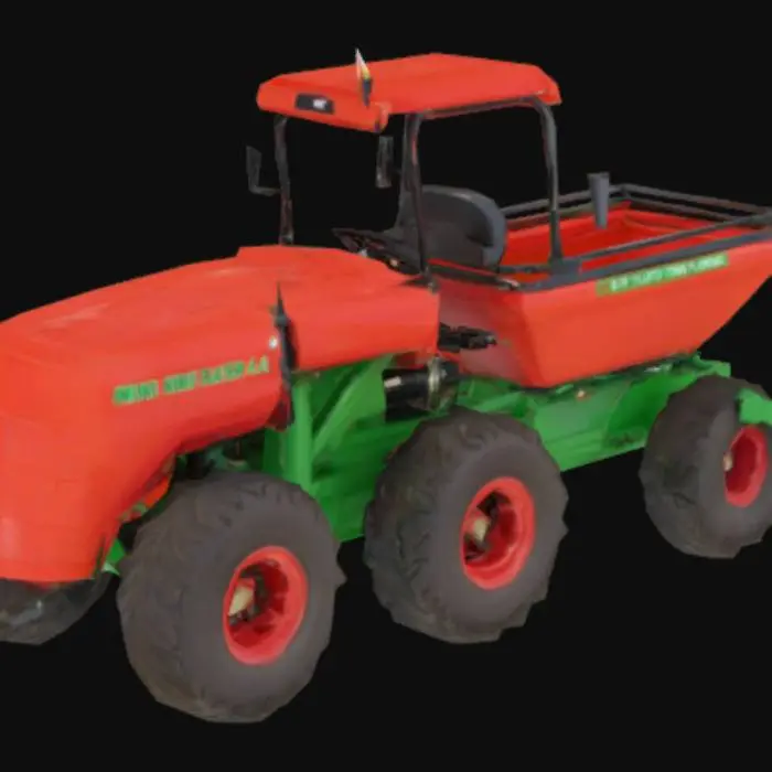 3D model for Tomato planting machine: four planter funnel that receive mature nursed tomato, dip into the soil and open -release. Attached hydraulically to an electric -driven 4-wheel mini tractor with the dimensions 750mm width, 1200mm length and 75mm height. The four wheel hydraulic can be adjusted to the height of 900mm. Fully electric.