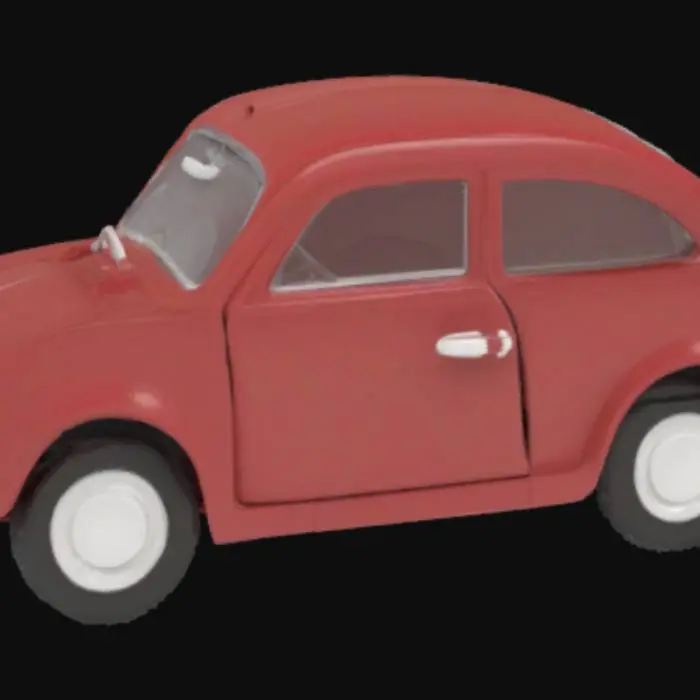 3D model for The object is a smooth, monochromatic, stylized toy car with rounded edges, simple geometric shapes, and minimal detailing. Clear windscreens, clear sides door glasses and wine colored paint.
