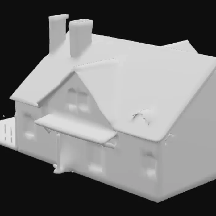 3D model for Generate a modern village house with a roof having chimney simple two bedroom having a simple fence. Window design with pop, roof tiles dip brown, wall paint light blue, front door of metal, having a simple terrace both front and kitchen side.