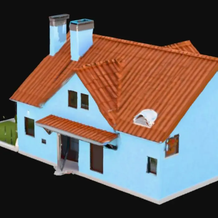 3D model for Generate a modern village house with a roof having chimney simple two bedroom having a simple fence. Window design with pop, roof tiles dip brown, wall paint light blue, front door of metal, having a simple terrace both front and kitchen side.