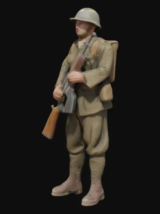 3D model for soldat américain de la seconde guerre mondiale, il porte un casque usé et il est debout.