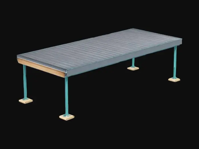3D model for Modern carport 7.5x6.5x2.2m. Flat grey roof, slight slope. 4 corner legs on stepped curbs. Aqua 20cm top band. Steel beams (width), wood beams (length) under. Grey structure, .obj/.fbx. Clean style.
