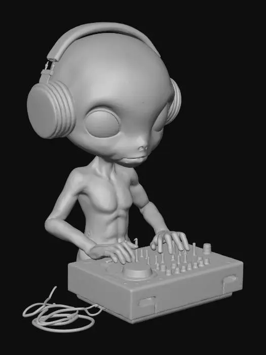 3D model for einen alien mit glatter grüner haut. um den Hals trgt er DJ Kopfhörer die am Mischpult hängen was er unter dem Arm trägt