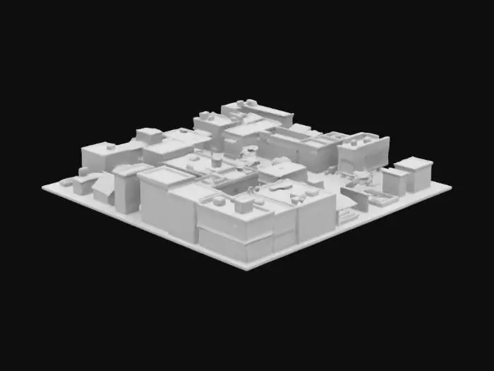 3D model for Generate a low-poly 3D model of a small Indian town. Include a cluster of decent houses with flat rooftops, colorful walls, and simple rectangular designs typical of Indian architecture. Add narrow, winding streets connecting the houses, with a mix of dirt and paved textures. Include small details like rooftop water tanks, a few trees , and a central open area like a courtyard or market square. Keep the style optimized for a Unity game, with clean geometry and minimal complexity