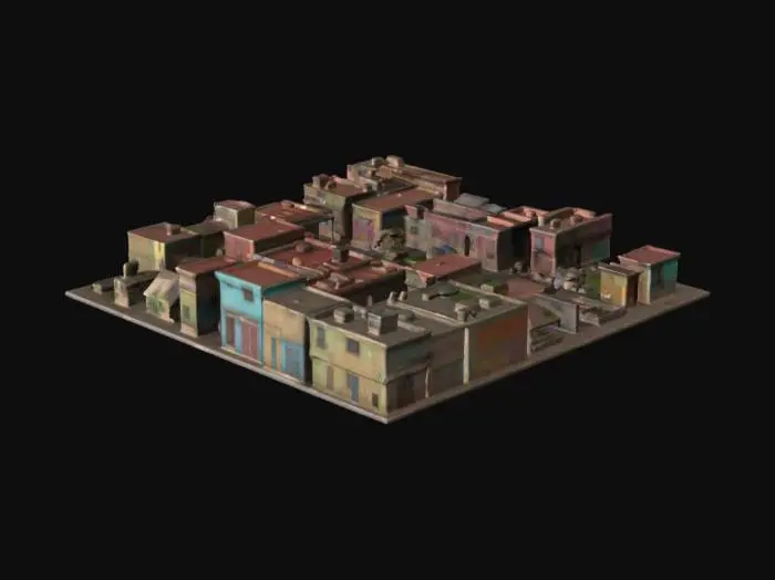 3D model for Generate a low-poly 3D model of a small Indian town. Include a cluster of decent houses with flat rooftops, colorful walls, and simple rectangular designs typical of Indian architecture. Add narrow, winding streets connecting the houses, with a mix of dirt and paved textures. Include small details like rooftop water tanks, a few trees , and a central open area like a courtyard or market square. Keep the style optimized for a Unity game, with clean geometry and minimal complexity
