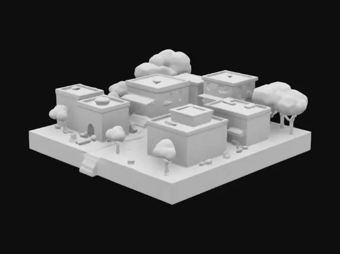 3D model for Generate a low-poly 3D model of a small Indian town. Include a cluster of decent houses with flat rooftops, colorful walls, and simple rectangular designs typical of Indian architecture. Add narrow, winding streets connecting the houses, with a mix of dirt and paved textures. Include small details like rooftop water tanks, a few trees , and a central open area like a courtyard or market square. Keep the style optimized for a Unity game, with clean geometry and minimal complexity