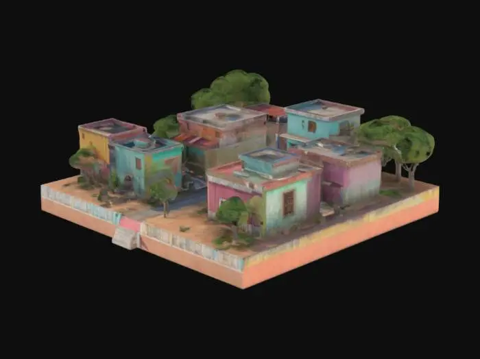 3D model for Generate a low-poly 3D model of a small Indian town. Include a cluster of decent houses with flat rooftops, colorful walls, and simple rectangular designs typical of Indian architecture. Add narrow, winding streets connecting the houses, with a mix of dirt and paved textures. Include small details like rooftop water tanks, a few trees , and a central open area like a courtyard or market square. Keep the style optimized for a Unity game, with clean geometry and minimal complexity