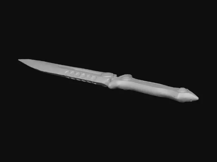 3D model for A stealth sci-fi dagger with a semi-invisible, refractive glass blade. Water ripples around the edges of the sword. Deep dark sea, minimal lighting except for a single red sensor eye on the hilt. Tactical, sleek, mysterious.