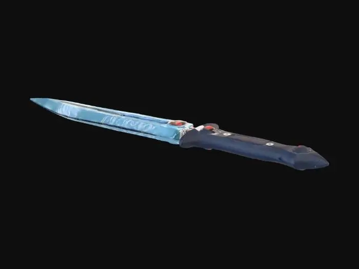 3D model for A stealth sci-fi dagger with a semi-invisible, refractive glass blade. Water ripples around the edges of the sword. Deep dark sea, minimal lighting except for a single red sensor eye on the hilt. Tactical, sleek, mysterious.
