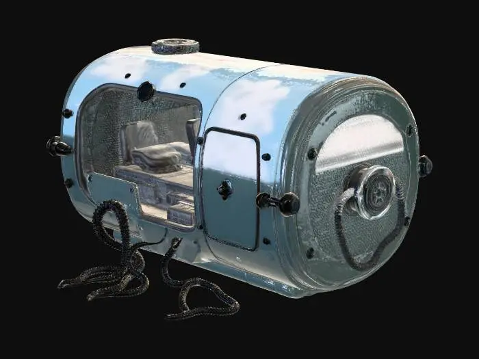 3D model for 3D model, hero prop: cryo coffin pod recovered from abyss, dark fantasy + sci-fi deep sea, coffin silhouette, thick glass lid with fog, rune locks, cables, barnacles, subtle interior glow (emissive), PBR, UV unwrapped, clean topology, isolated on neutral background, no text, no watermark