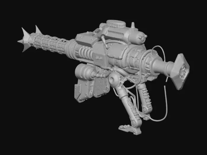 3D model for 3D asset prompt: heavy biomechanical harpoon cannon for abyss hunters, dark fantasy x sci-fi x deep sea, brutal silhouette with bone-like exoshell and plasma rails.

Color Design:
- Primary: #171717 charred iron, #222A35 deep slate.
- Secondary: #D1C7AE fossil bone ivory, #6B7280 worn steel.
- Accent emissive: #00E5FF energy cyan in rail channels, #EF4444 warning red on chamber indicators.
- Weathering tones: #3A4A3F algae patina, #7A5A46 oxidized salt.

Structure Design:
- Long twin-rail barrel with hooked muzzle barbs.
- Vertebra-like shell plates layered over pressure tank spine.
- Rear recoil brace, side cable tendrils, top rune-sight fin.

PBR Design:
- Steel rails: metallic 1.0, roughness 0.20-0.35, heat tint near muzzle.
- Bone shell: metallic 0.0, roughness 0.45-0.60, porous normal