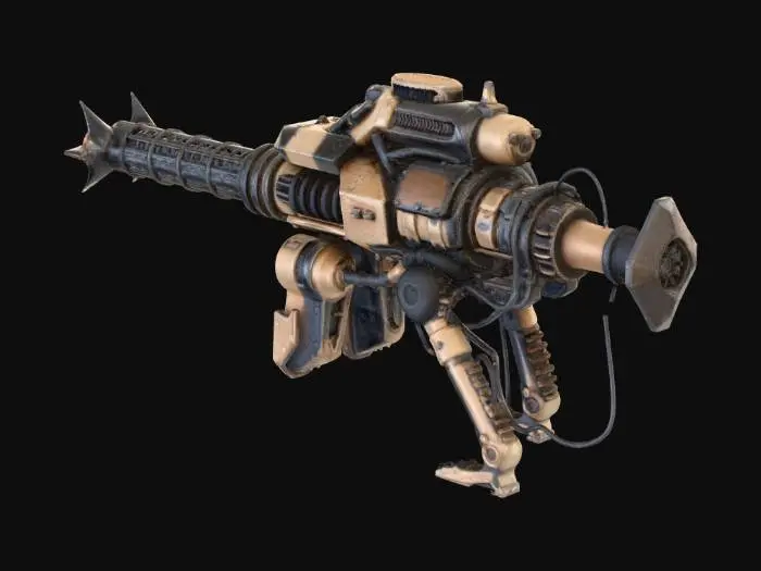 3D model for 3D asset prompt: heavy biomechanical harpoon cannon for abyss hunters, dark fantasy x sci-fi x deep sea, brutal silhouette with bone-like exoshell and plasma rails.

Color Design:
- Primary: #171717 charred iron, #222A35 deep slate.
- Secondary: #D1C7AE fossil bone ivory, #6B7280 worn steel.
- Accent emissive: #00E5FF energy cyan in rail channels, #EF4444 warning red on chamber indicators.
- Weathering tones: #3A4A3F algae patina, #7A5A46 oxidized salt.

Structure Design:
- Long twin-rail barrel with hooked muzzle barbs.
- Vertebra-like shell plates layered over pressure tank spine.
- Rear recoil brace, side cable tendrils, top rune-sight fin.

PBR Design:
- Steel rails: metallic 1.0, roughness 0.20-0.35, heat tint near muzzle.
- Bone shell: metallic 0.0, roughness 0.45-0.60, porous normal