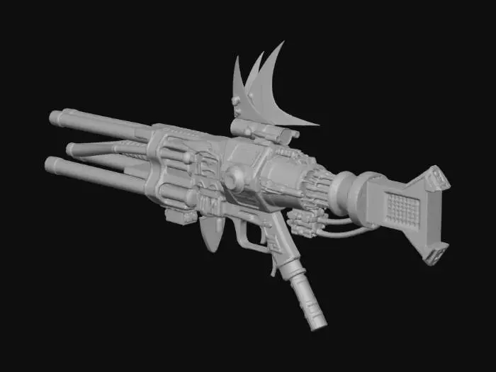 3D model for 3D asset prompt: heavy biomechanical harpoon cannon for abyss hunters, dark fantasy x sci-fi x deep sea, brutal silhouette with bone-like exoshell and plasma rails.

Color Design:
- Primary: #171717 charred iron, #222A35 deep slate.
- Secondary: #D1C7AE fossil bone ivory, #6B7280 worn steel.
- Accent emissive: #00E5FF energy cyan in rail channels, #EF4444 warning red on chamber indicators.
- Weathering tones: #3A4A3F algae patina, #7A5A46 oxidized salt.

Structure Design:
- Long twin-rail barrel with hooked muzzle barbs.
- Vertebra-like shell plates layered over pressure tank spine.
- Rear recoil brace, side cable tendrils, top rune-sight fin.

PBR Design:
- Steel rails: metallic 1.0, roughness 0.20-0.35, heat tint near muzzle.
- Bone shell: metallic 0.0, roughness 0.45-0.60, porous normal