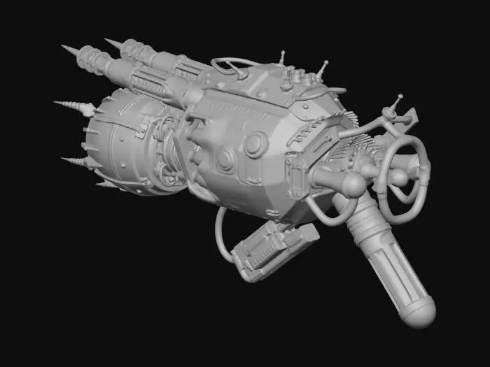 3D model for 3D asset prompt: heavy biomechanical harpoon cannon for abyss hunters, dark fantasy x sci-fi x deep sea, brutal silhouette with bone-like exoshell and plasma rails.

Color Design:
- Primary: #171717 charred iron, #222A35 deep slate.
- Secondary: #D1C7AE fossil bone ivory, #6B7280 worn steel.
- Accent emissive: #00E5FF energy cyan in rail channels, #EF4444 warning red on chamber indicators.
- Weathering tones: #3A4A3F algae patina, #7A5A46 oxidized salt.

Structure Design:
- Long twin-rail barrel with hooked muzzle barbs.
- Vertebra-like shell plates layered over pressure tank spine.
- Rear recoil brace, side cable tendrils, top rune-sight fin.

PBR Design:
- Steel rails: metallic 1.0, roughness 0.20-0.35, heat tint near muzzle.
- Bone shell: metallic 0.0, roughness 0.45-0.60, porous normal