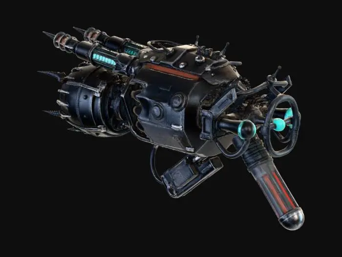 3D model for 3D asset prompt: heavy biomechanical harpoon cannon for abyss hunters, dark fantasy x sci-fi x deep sea, brutal silhouette with bone-like exoshell and plasma rails.

Color Design:
- Primary: #171717 charred iron, #222A35 deep slate.
- Secondary: #D1C7AE fossil bone ivory, #6B7280 worn steel.
- Accent emissive: #00E5FF energy cyan in rail channels, #EF4444 warning red on chamber indicators.
- Weathering tones: #3A4A3F algae patina, #7A5A46 oxidized salt.

Structure Design:
- Long twin-rail barrel with hooked muzzle barbs.
- Vertebra-like shell plates layered over pressure tank spine.
- Rear recoil brace, side cable tendrils, top rune-sight fin.

PBR Design:
- Steel rails: metallic 1.0, roughness 0.20-0.35, heat tint near muzzle.
- Bone shell: metallic 0.0, roughness 0.45-0.60, porous normal