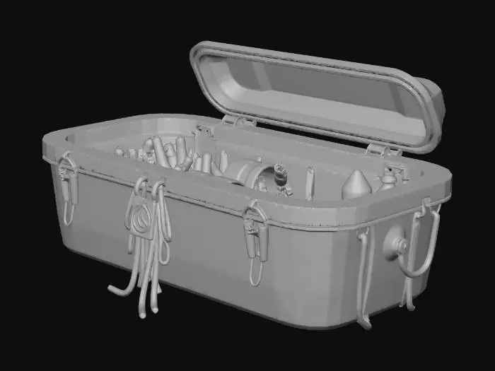 3D model for 3D model, hero prop: cryo coffin pod recovered from abyss, dark fantasy + sci-fi deep sea, coffin silhouette, thick glass lid with fog, rune locks, cables, barnacles, subtle interior glow (emissive), PBR, UV unwrapped, clean topology, isolated on neutral background, no text, no watermark
