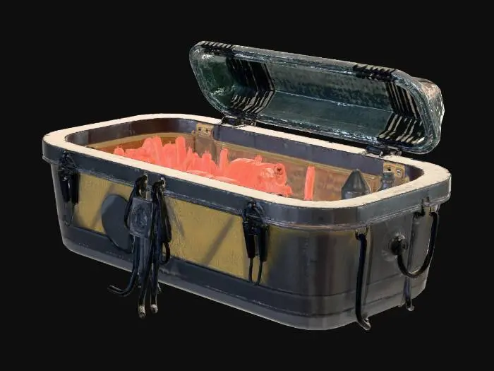 3D model for 3D model, hero prop: cryo coffin pod recovered from abyss, dark fantasy + sci-fi deep sea, coffin silhouette, thick glass lid with fog, rune locks, cables, barnacles, subtle interior glow (emissive), PBR, UV unwrapped, clean topology, isolated on neutral background, no text, no watermark