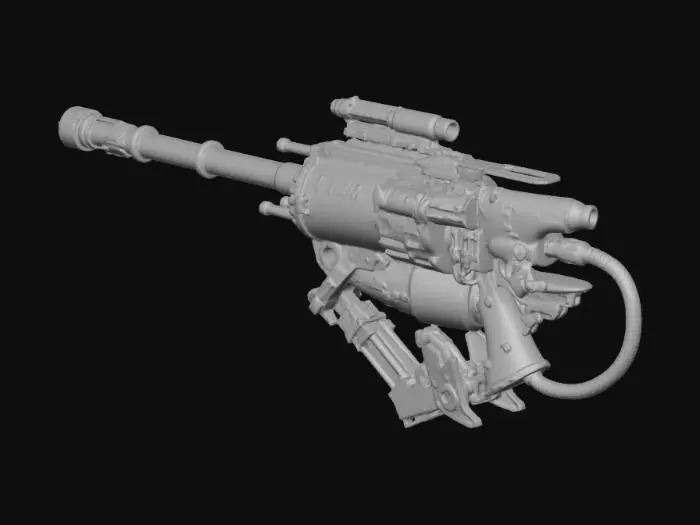 3D model for 3D asset prompt: heavy biomechanical harpoon cannon for abyss hunters, dark fantasy x sci-fi x deep sea, brutal silhouette with bone-like exoshell and plasma rails.

Color Design:
- Primary: #171717 charred iron, #222A35 deep slate.
- Secondary: #D1C7AE fossil bone ivory, #6B7280 worn steel.
- Accent emissive: #00E5FF energy cyan in rail channels, #EF4444 warning red on chamber indicators.
- Weathering tones: #3A4A3F algae patina, #7A5A46 oxidized salt.

Structure Design:
- Long twin-rail barrel with hooked muzzle barbs.
- Vertebra-like shell plates layered over pressure tank spine.
- Rear recoil brace, side cable tendrils, top rune-sight fin.

PBR Design:
- Steel rails: metallic 1.0, roughness 0.20-0.35, heat tint near muzzle.
- Bone shell: metallic 0.0, roughness 0.45-0.60, porous normal