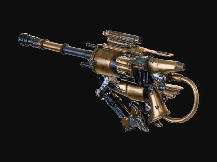 3D model for 3D asset prompt: heavy biomechanical harpoon cannon for abyss hunters, dark fantasy x sci-fi x deep sea, brutal silhouette with bone-like exoshell and plasma rails.

Color Design:
- Primary: #171717 charred iron, #222A35 deep slate.
- Secondary: #D1C7AE fossil bone ivory, #6B7280 worn steel.
- Accent emissive: #00E5FF energy cyan in rail channels, #EF4444 warning red on chamber indicators.
- Weathering tones: #3A4A3F algae patina, #7A5A46 oxidized salt.

Structure Design:
- Long twin-rail barrel with hooked muzzle barbs.
- Vertebra-like shell plates layered over pressure tank spine.
- Rear recoil brace, side cable tendrils, top rune-sight fin.

PBR Design:
- Steel rails: metallic 1.0, roughness 0.20-0.35, heat tint near muzzle.
- Bone shell: metallic 0.0, roughness 0.45-0.60, porous normal