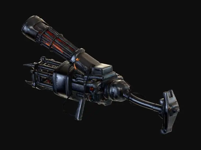 3D model for 3D asset prompt: heavy biomechanical harpoon cannon for abyss hunters, dark fantasy x sci-fi x deep sea, brutal silhouette with bone-like exoshell and plasma rails.

Color Design:
- Primary: #171717 charred iron, #222A35 deep slate.
- Secondary: #D1C7AE fossil bone ivory, #6B7280 worn steel.
- Accent emissive: #00E5FF energy cyan in rail channels, #EF4444 warning red on chamber indicators.
- Weathering tones: #3A4A3F algae patina, #7A5A46 oxidized salt.

Structure Design:
- Long twin-rail barrel with hooked muzzle barbs.
- Vertebra-like shell plates layered over pressure tank spine.
- Rear recoil brace, side cable tendrils, top rune-sight fin.

PBR Design:
- Steel rails: metallic 1.0, roughness 0.20-0.35, heat tint near muzzle.
- Bone shell: metallic 0.0, roughness 0.45-0.60, porous normal