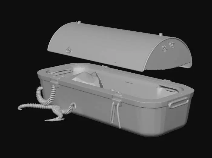 3D model for 3D model, hero prop: cryo coffin pod recovered from abyss, dark fantasy + sci-fi deep sea, coffin silhouette, thick glass lid with fog, rune locks, cables, barnacles, subtle interior glow (emissive), PBR, UV unwrapped, clean topology, isolated on neutral background, no text, no watermark