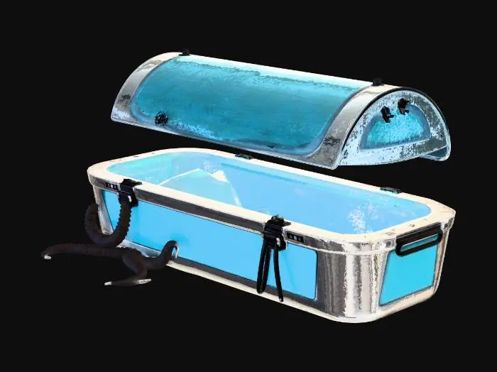 3D model for 3D model, hero prop: cryo coffin pod recovered from abyss, dark fantasy + sci-fi deep sea, coffin silhouette, thick glass lid with fog, rune locks, cables, barnacles, subtle interior glow (emissive), PBR, UV unwrapped, clean topology, isolated on neutral background, no text, no watermark