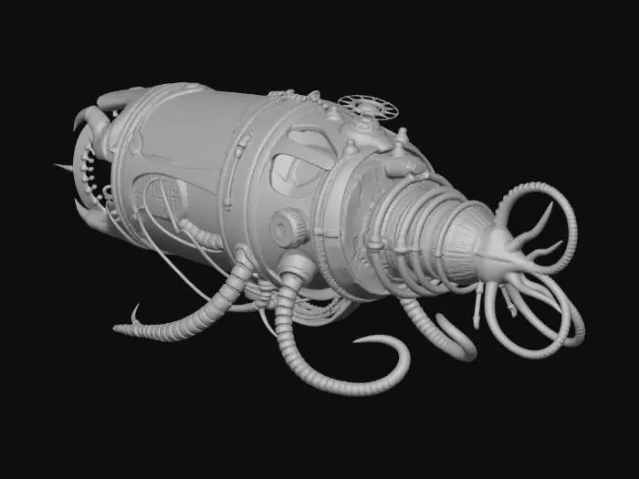 3D model for 1. 世界観とロア (Worldview & Lore)
テーマ: 忘れ去られた超深海底で、太古の邪神の亡骸と未知のオーバーテクノロジーが融合して生まれた「呪われた生体機械」。

背景: 水深10,000mを超える極限の水圧下。光の届かない世界で、自己増殖を続ける機械都市のコア。人間の知恵を超越したSF技術（エネルギーチューブ、幾何学装飾）と、ダークファンタジーの象徴たる「名状しがたい有機体（骨、甲殻、触手）」が共生している。

雰囲気: 圧倒的な水圧を感じさせる重厚感、長年の沈没による腐食、そして暗闇の中で怪しく明滅する生体発光。

2. 構造・デザイン (Structure & Design)
ベース形状: 深海生物（カブトガニやオウムガイ）の硬質な甲殻と、宇宙船のエンジンのような幾何学的かつソリッドな金属パーツが噛み合った構造。

ディテール:

有機部: クジラの骨格を思わせる白いフレーム、ヌメり気のある黒い触手状のケーブル、這い回るフジツボやサンゴの寄生。

無機部: 六角形のチタンパネル、水圧に耐える極太のシリンダーとリベット打ちされた装甲。

コア部分: 中央には、クラゲの傘のように透明な培養カプセルがあり、その中で「心臓のような未知のエネルギー体」が青白く脈打っている。

紋様: 金属パーツの表面には、システムコードと古代ルーン文字が混ざったようなSF的魔方陣が刻まれている。

3. カラースタイルとライティング (Color Style & Lighting)
ベースカラー (Base): 深海を思わせる「アビスブラック（#0A0D14）」と、酸化して鈍く光る「ブラス・ガンメタル（#2C3539）」。

エイジング・腐食 (Decay): 長い年月を感じさせる「錆びた青銅の緑青（ターコイズやティールグリーン）」と、深海泥の「くすんだグレーブラウン」。

発