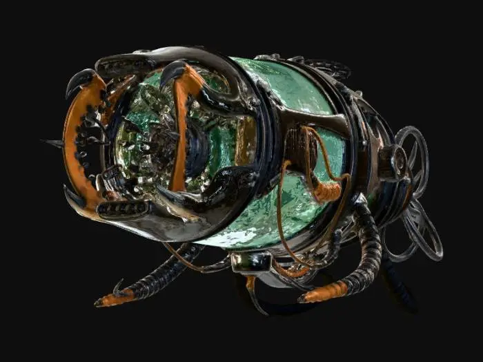 3D model for 1. 世界観とロア (Worldview & Lore)
テーマ: 忘れ去られた超深海底で、太古の邪神の亡骸と未知のオーバーテクノロジーが融合して生まれた「呪われた生体機械」。

背景: 水深10,000mを超える極限の水圧下。光の届かない世界で、自己増殖を続ける機械都市のコア。人間の知恵を超越したSF技術（エネルギーチューブ、幾何学装飾）と、ダークファンタジーの象徴たる「名状しがたい有機体（骨、甲殻、触手）」が共生している。

雰囲気: 圧倒的な水圧を感じさせる重厚感、長年の沈没による腐食、そして暗闇の中で怪しく明滅する生体発光。

2. 構造・デザイン (Structure & Design)
ベース形状: 深海生物（カブトガニやオウムガイ）の硬質な甲殻と、宇宙船のエンジンのような幾何学的かつソリッドな金属パーツが噛み合った構造。

ディテール:

有機部: クジラの骨格を思わせる白いフレーム、ヌメり気のある黒い触手状のケーブル、這い回るフジツボやサンゴの寄生。

無機部: 六角形のチタンパネル、水圧に耐える極太のシリンダーとリベット打ちされた装甲。

コア部分: 中央には、クラゲの傘のように透明な培養カプセルがあり、その中で「心臓のような未知のエネルギー体」が青白く脈打っている。

紋様: 金属パーツの表面には、システムコードと古代ルーン文字が混ざったようなSF的魔方陣が刻まれている。

3. カラースタイルとライティング (Color Style & Lighting)
ベースカラー (Base): 深海を思わせる「アビスブラック（#0A0D14）」と、酸化して鈍く光る「ブラス・ガンメタル（#2C3539）」。

エイジング・腐食 (Decay): 長い年月を感じさせる「錆びた青銅の緑青（ターコイズやティールグリーン）」と、深海泥の「くすんだグレーブラウン」。

発